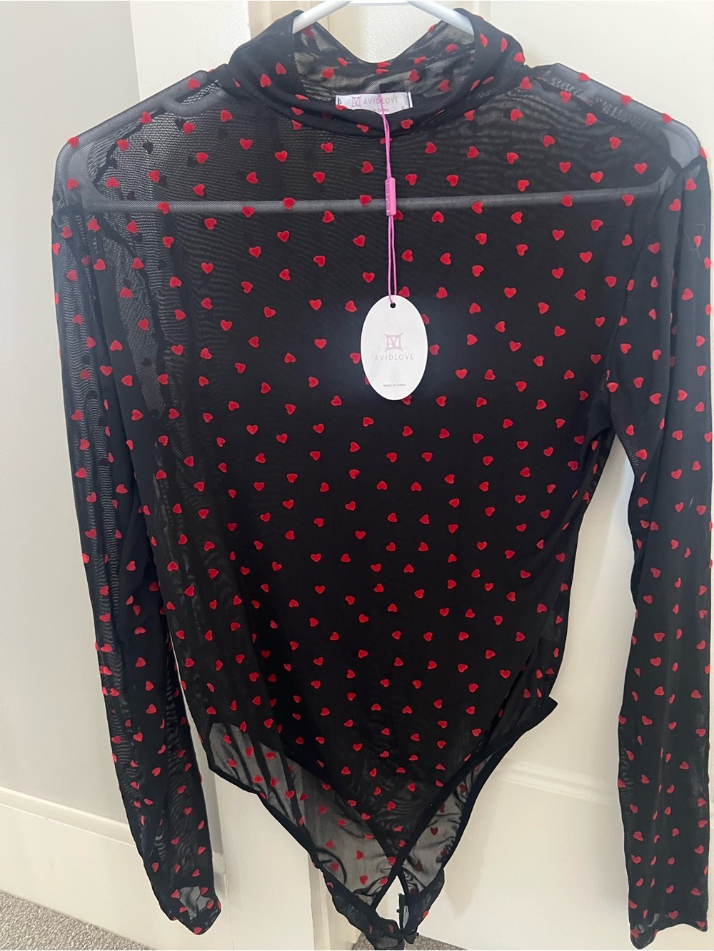 Black Sheer Bodysuit with Red Heart Print - Picture 4 of 5